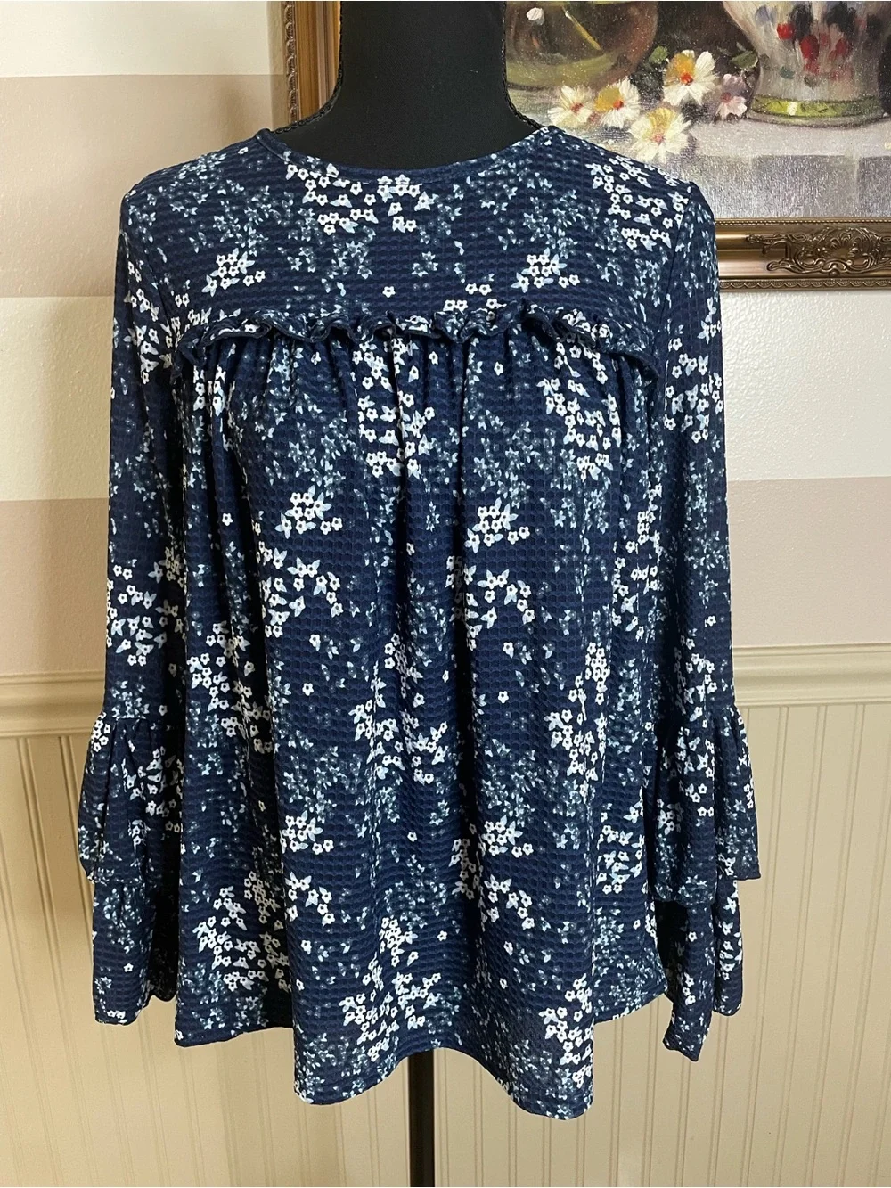 Michael Kors Navy Floral Ruffle-Sleeve Blouse